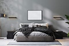 blank frame mock up in modern bedroom interior in gray tones, 3d rendering
