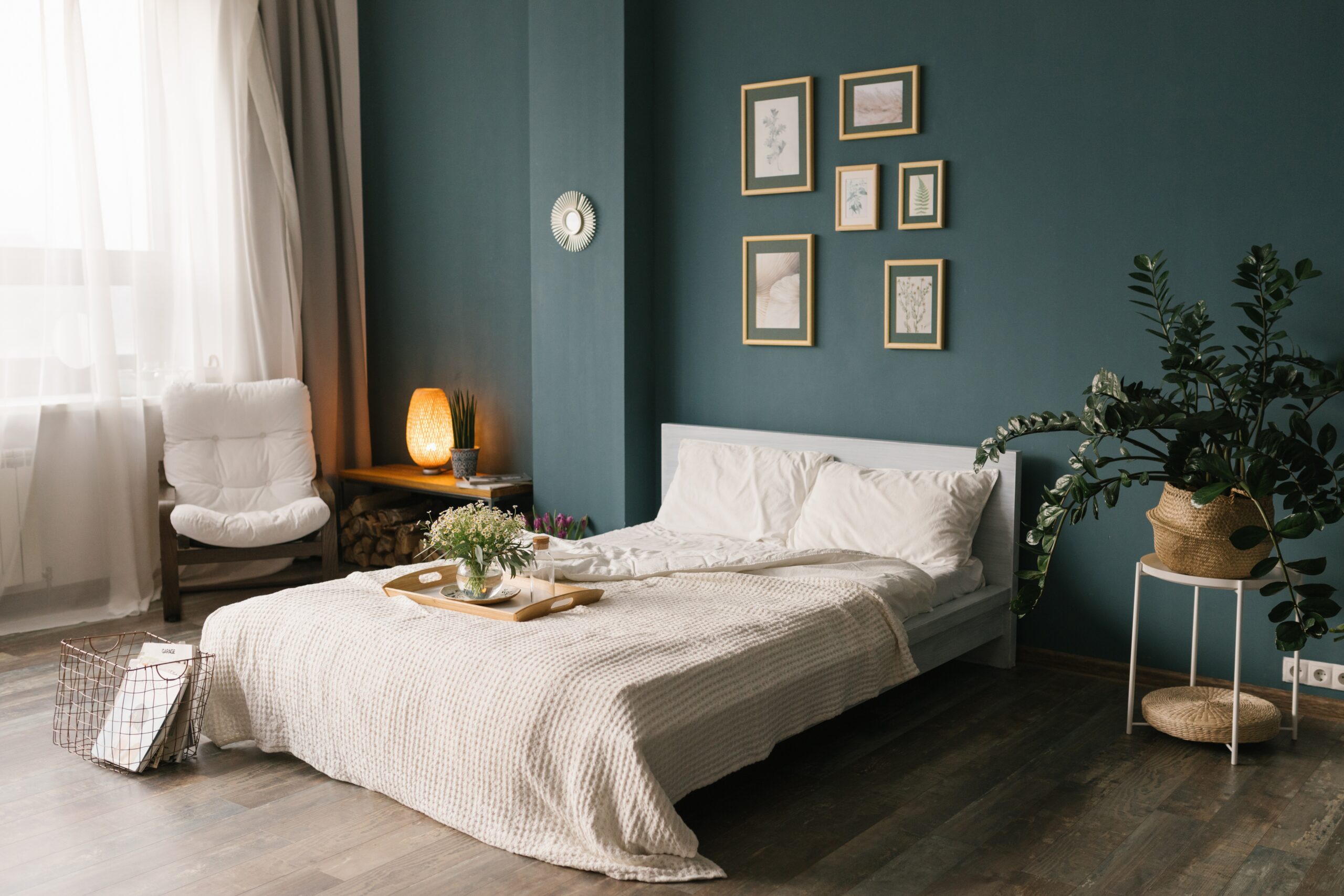 image of modern bedroom with various indoor plants.